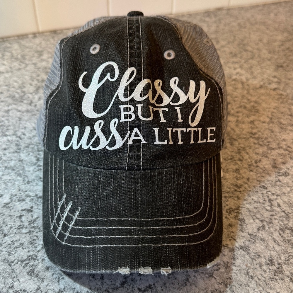 Mega Cap | Women’s Distressed Trucker Hat Graphic Word Adjustable Slate, OSFM